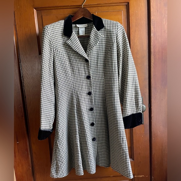 Vintage 90s Benson and Smith Plaid w/ Velvet Trim button-down fitn-flair coat s9 - Picture 9 of 11